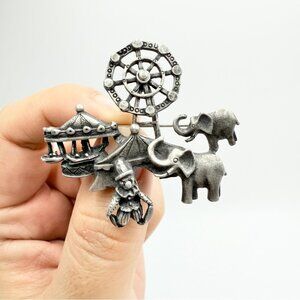 L Razza Signed Silver tone Circus Tents Clown Ferris Wheel Elephant Pin Brooch